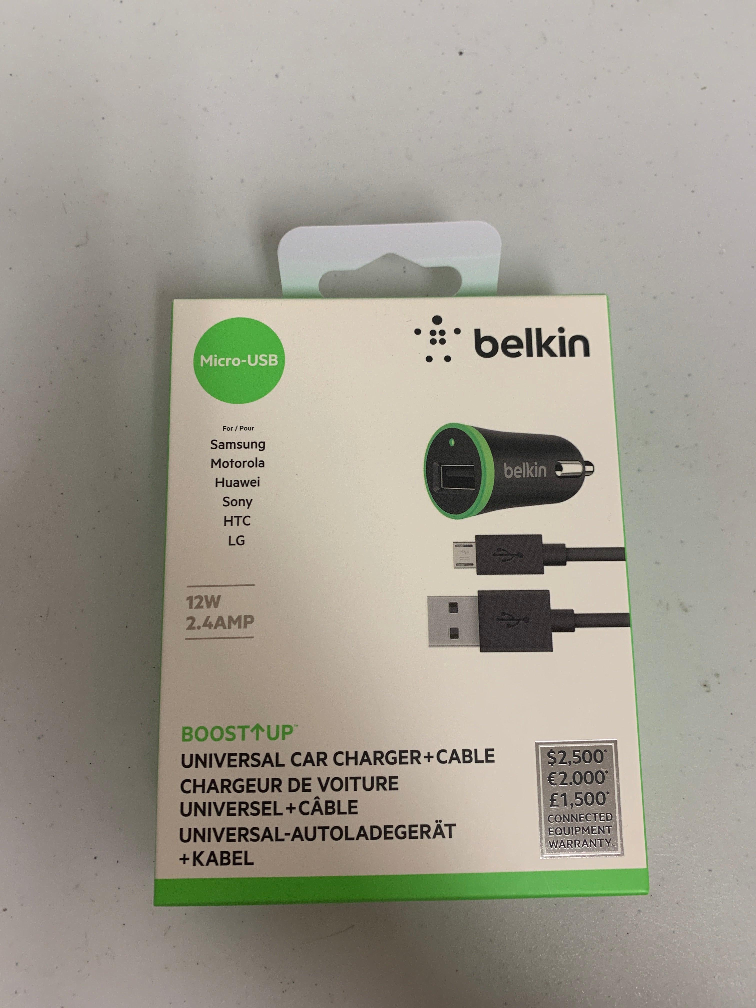 Belkin Boost Up Universal Car Charger + Cable Micro-USB 2.4AMP - New